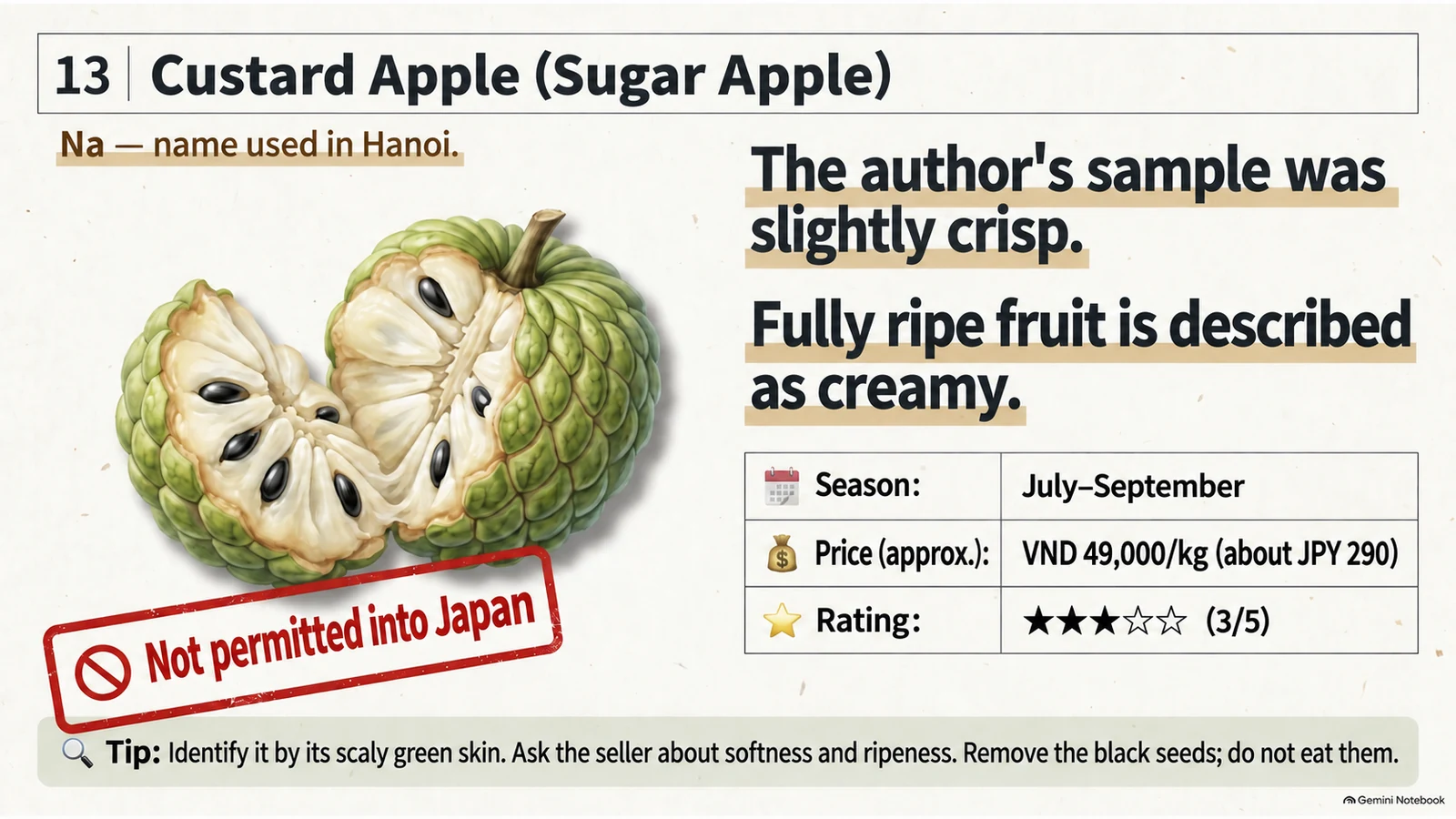 Illustration of Vietnamese custard apple seasons, prices, beginner rating, and flavor