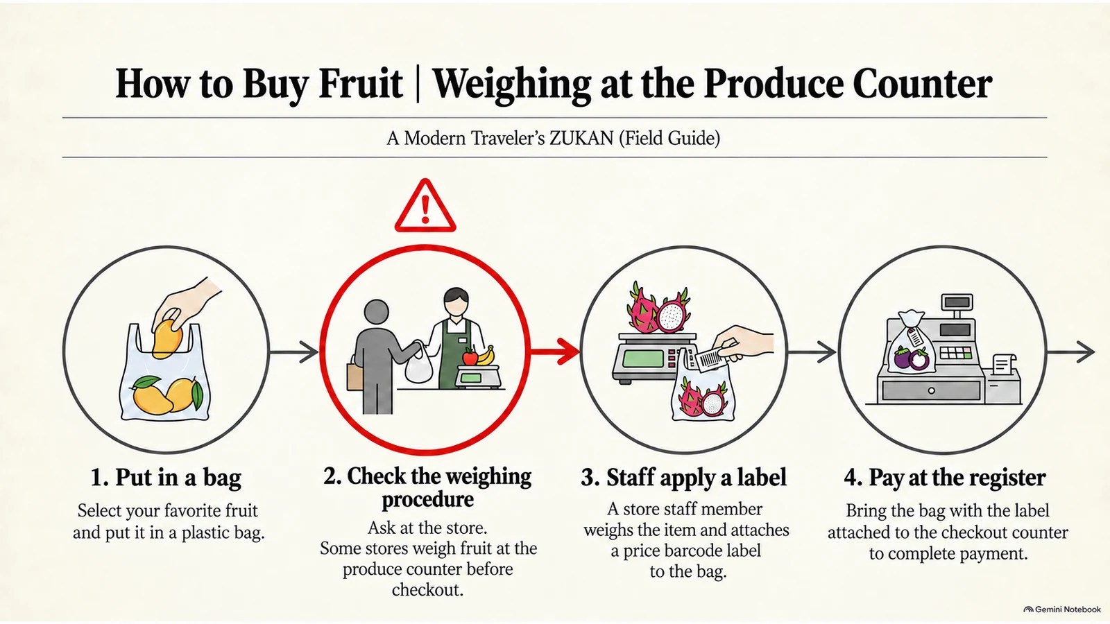 Illustration of bagging fruit, having it weighed, and paying at a Vietnamese supermarket