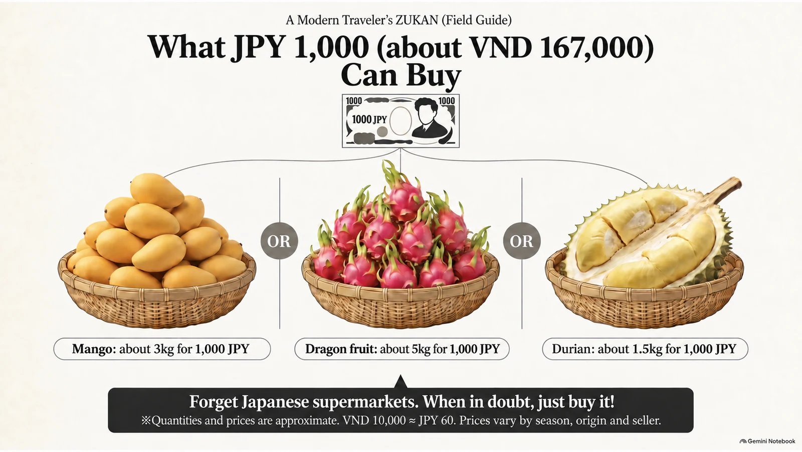 Illustration comparing the quantities of mango, dragon fruit, and durian that JPY 1,000 can buy