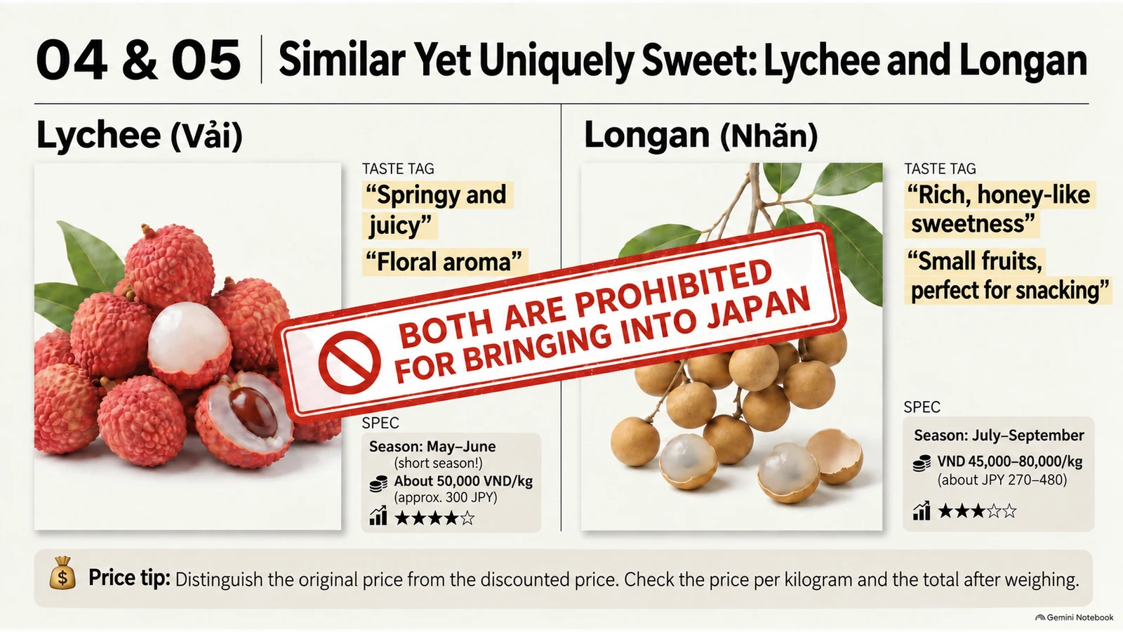 Illustration comparing Vietnamese lychee and longan seasons, prices, and flavors