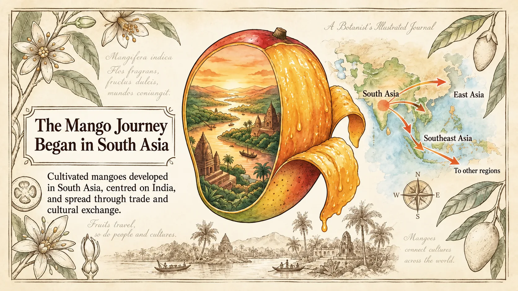 Cultivated mangoes developed in South Asia and spread through trade and cultural exchange.