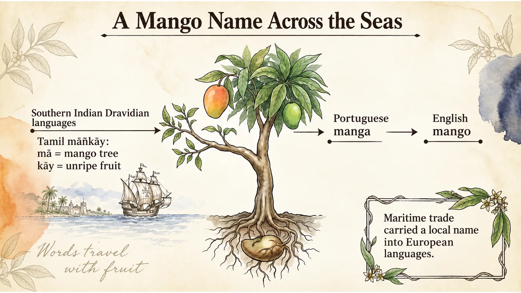 A southern Indian name passed through Portuguese manga into English mango.