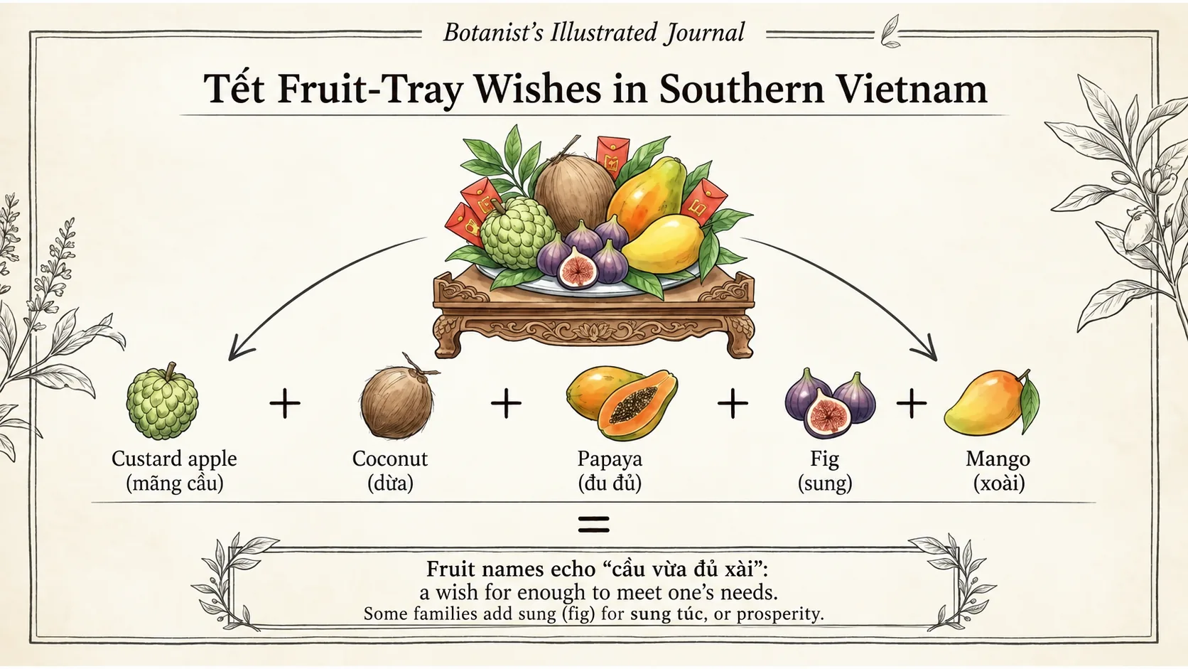 Southern Vietnamese fruit-name wordplay echoes cầu vừa đủ xài. Some families also add figs, sung, for prosperity.