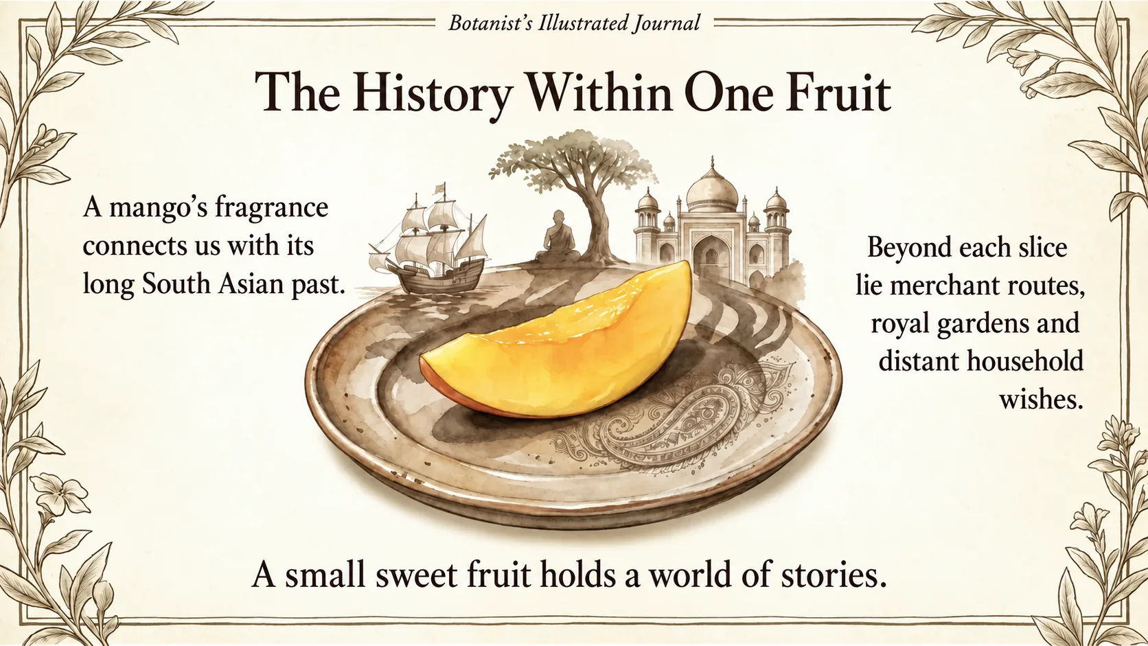 An imagined plate brings together the mango’s South Asian origins and its journeys through trade and culture.