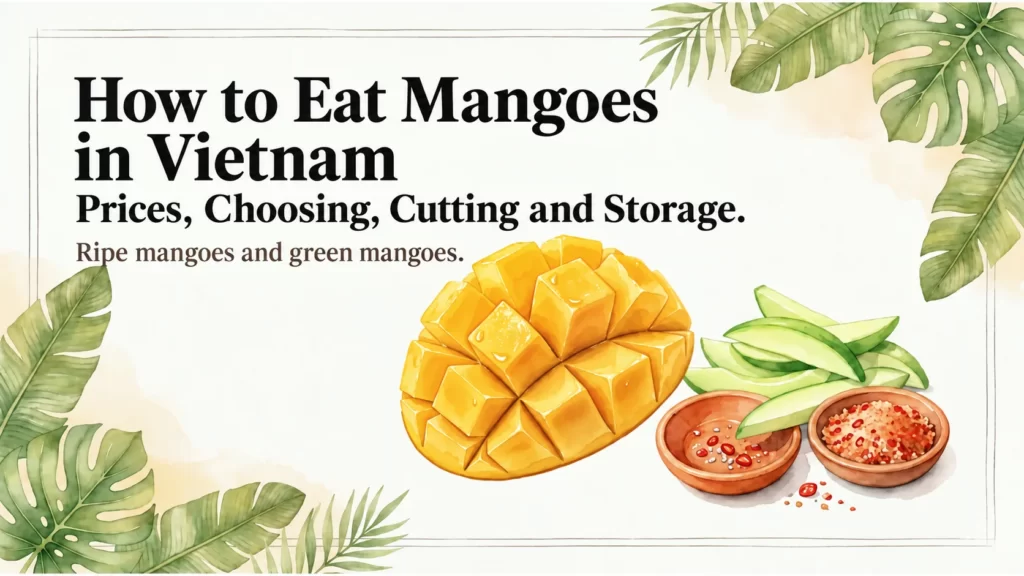 Learn to cut ripe mangoes and enjoy green mangoes in Vietnam.
