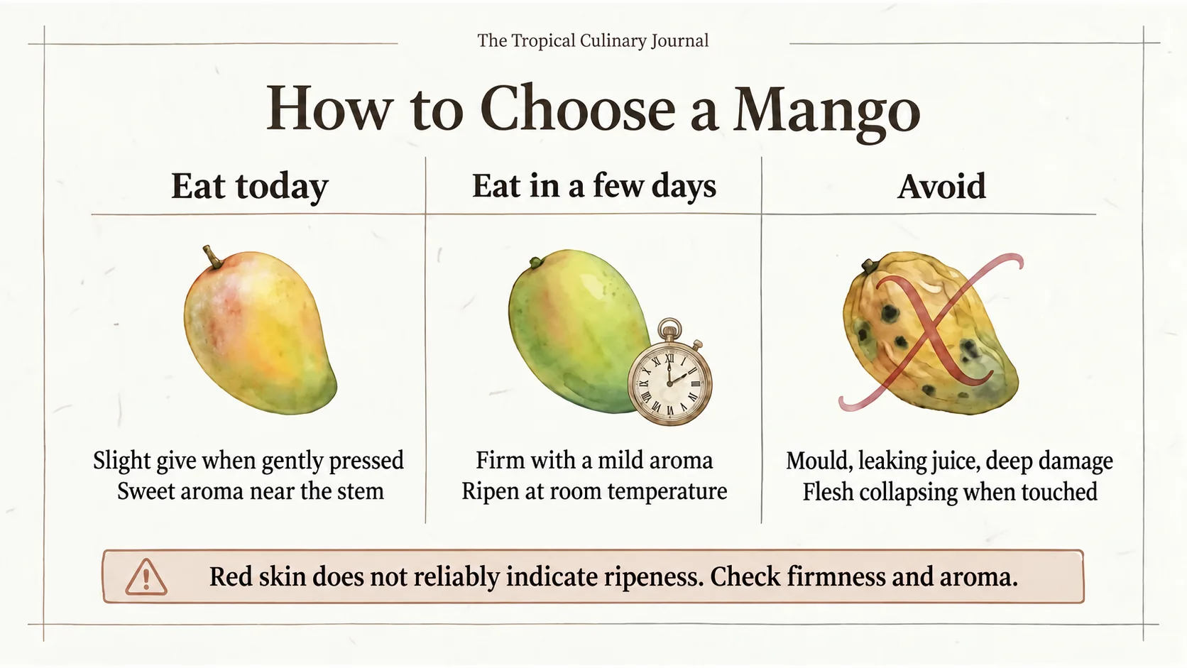 For today, look for gentle give and a sweet stem-end aroma. For later, choose firmer fruit. Avoid mould, leaking juice, deep damage and flesh that collapses when touched.