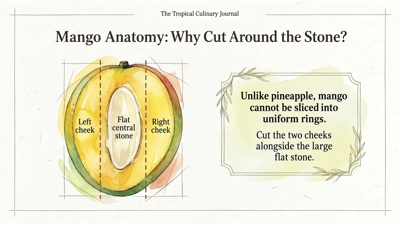 Cross-section: a flat central stone lies between the left and right cheeks. Cut the cheeks away alongside the stone rather than slicing through it.