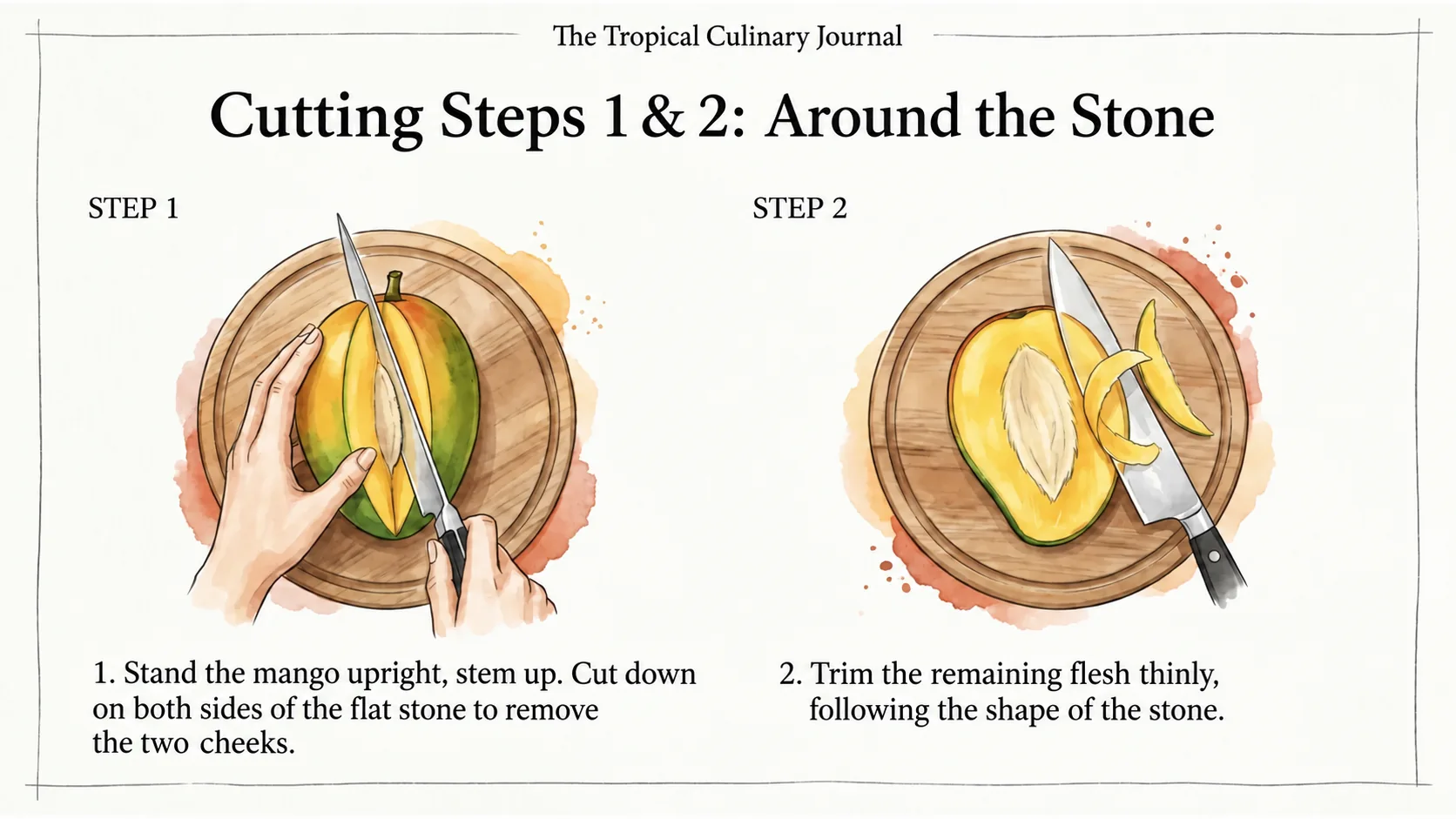 Step 1: cut off the cheeks beside the stone. Step 2: trim the flesh remaining around the stone.