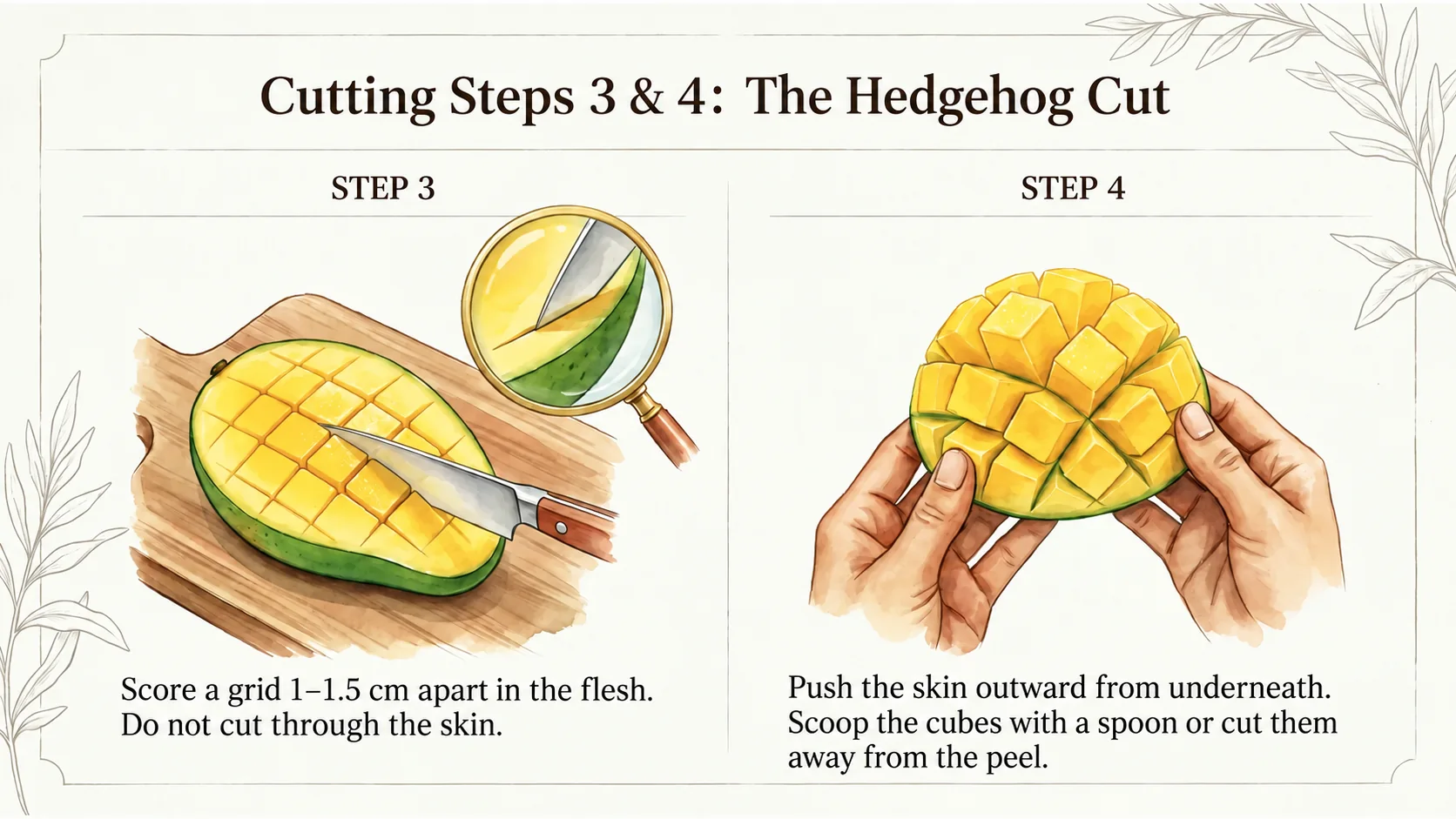 Step 3: score a grid without cutting through the skin. Step 4: turn the cheek outward, then scoop or cut the cubes away.