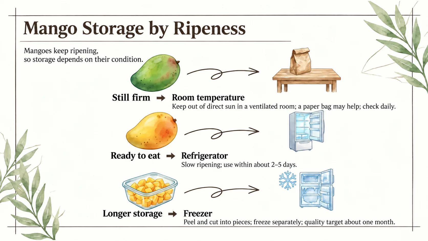 Ripen firm fruit at room temperature away from direct sun. Refrigerate ripe fruit and use within about 2–5 days. Freeze cut pieces for longer storage.