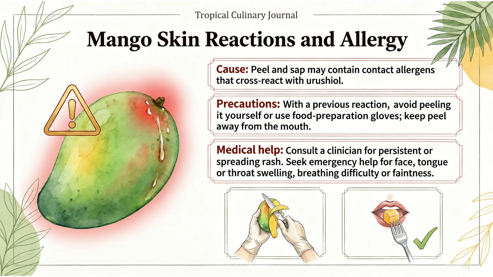 With a previous skin reaction, avoid peeling the fruit yourself or use food-preparation gloves. Seek medical advice for persistent rash, and emergency help for swelling of the face, tongue or throat, or breathing difficulty.