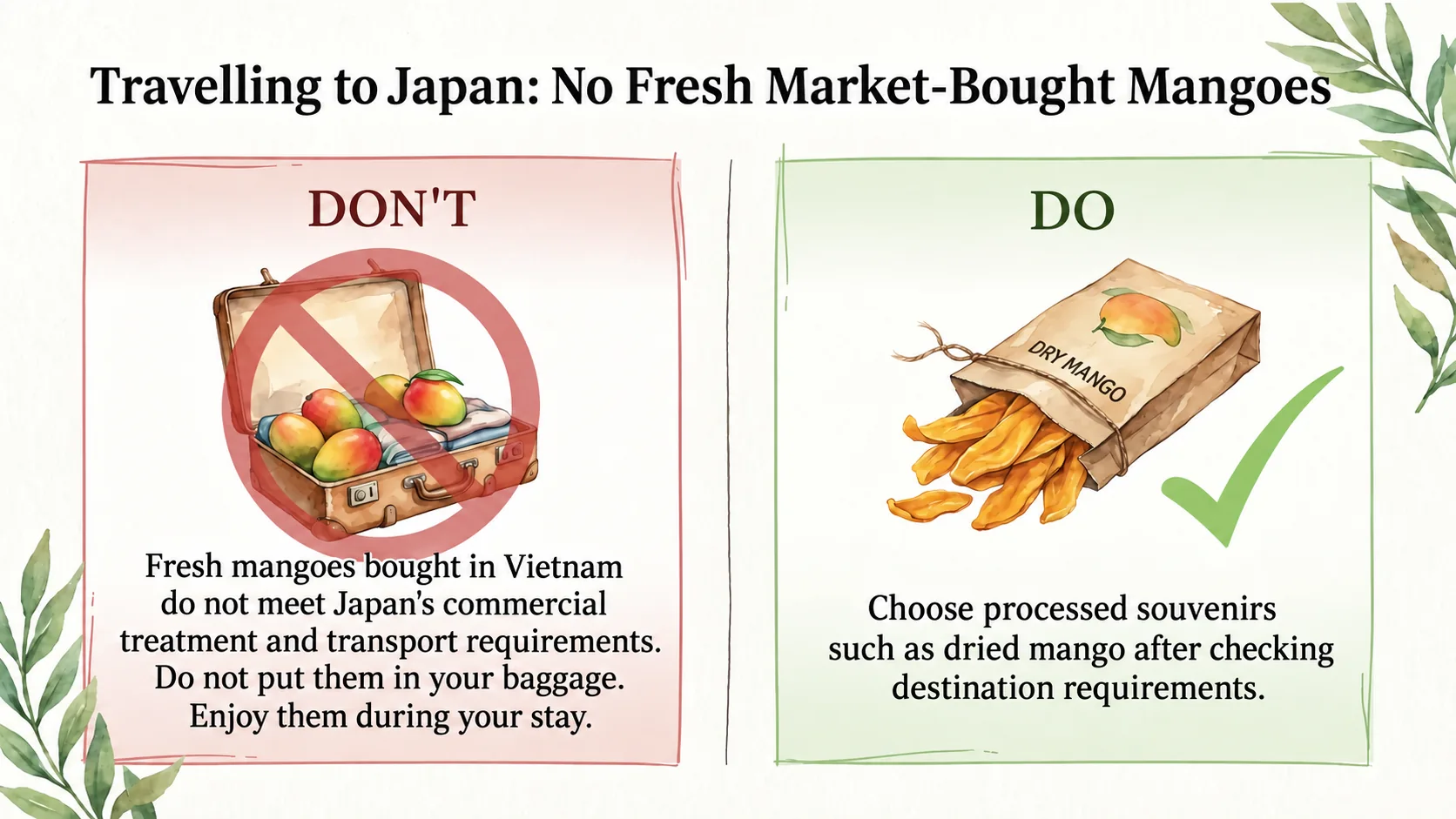 Market-bought fresh mangoes cannot go in travellers’ baggage to Japan. Enjoy them during your stay, and check the rules for processed souvenirs.