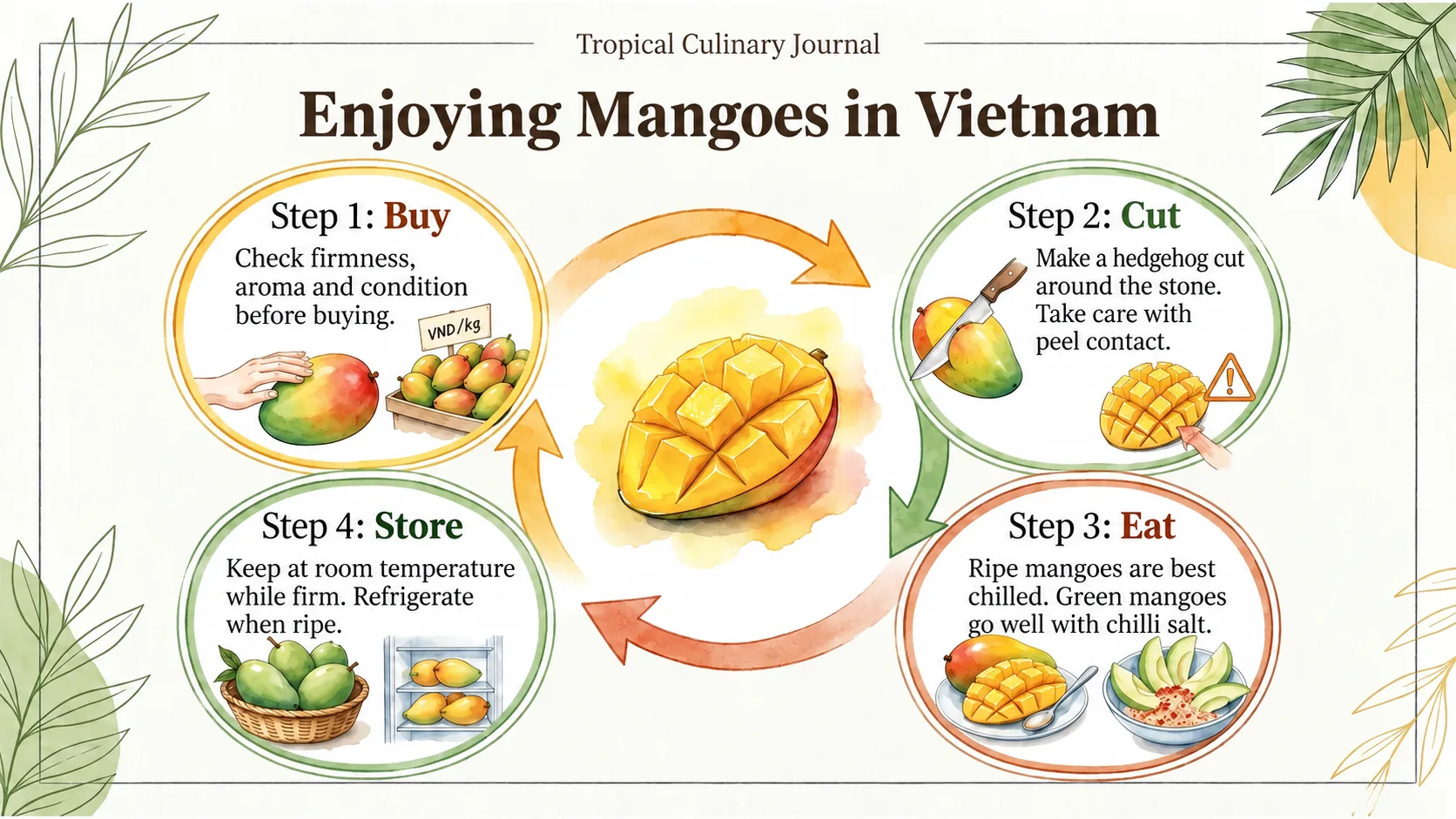 Check firmness, aroma and condition, cut around the stone, and choose a preparation that suits ripe or green fruit. Ripen at room temperature and refrigerate when ready.