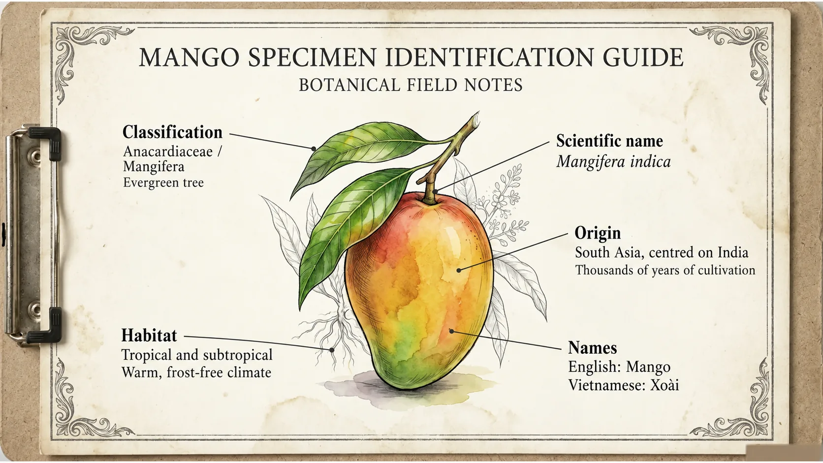 An evergreen member of Anacardiaceae. Scientific name: Mangifera indica; Vietnamese name: Xoài.