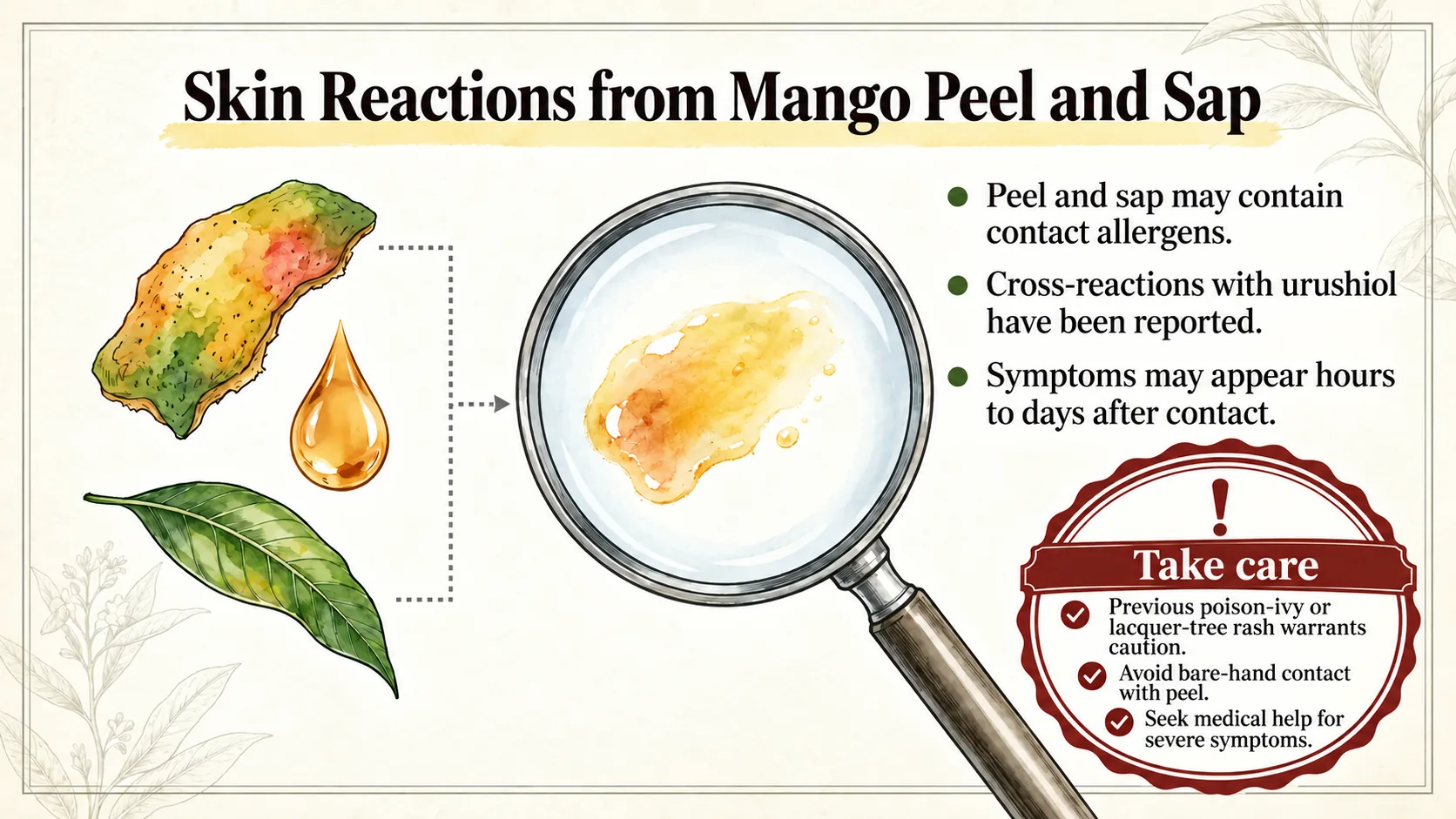 Peel and sap may contain contact allergens. A rash can appear hours to days after exposure.
