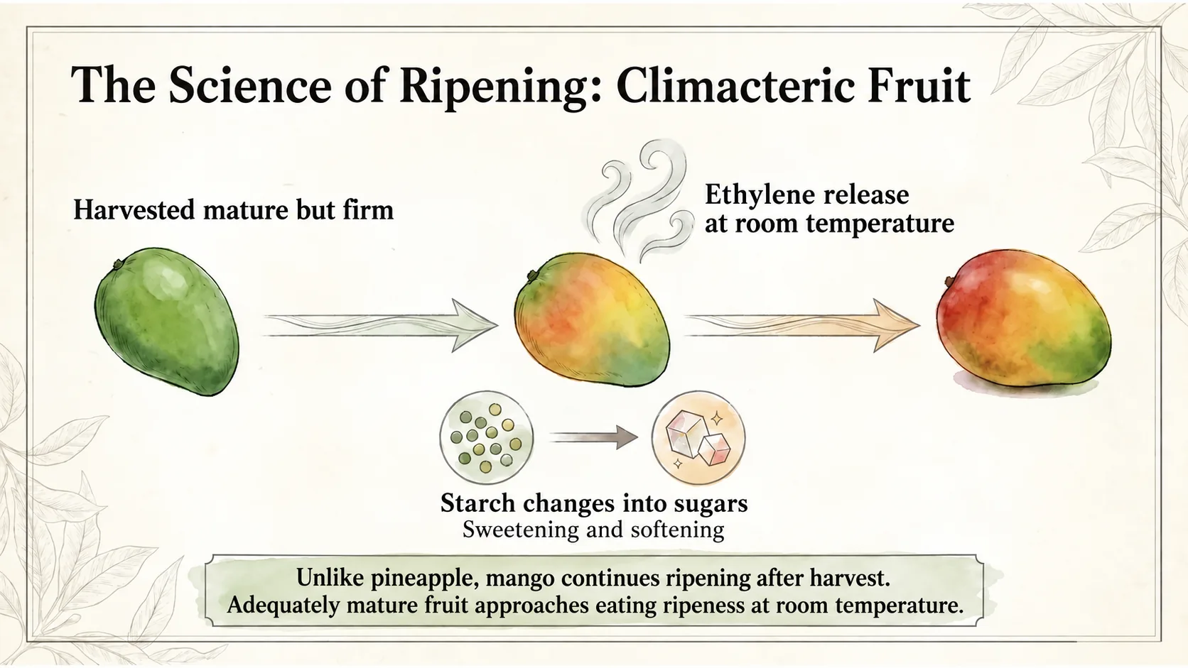 Mature-harvested mangoes are climacteric fruits that soften and develop fragrance at room temperature.