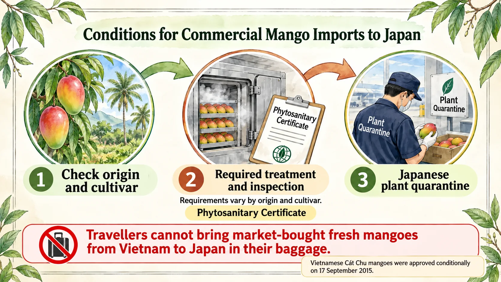 Commercial imports require specified treatment, inspection and certification. Fresh mangoes bought at Vietnamese markets cannot be brought to Japan in travellers’ baggage.