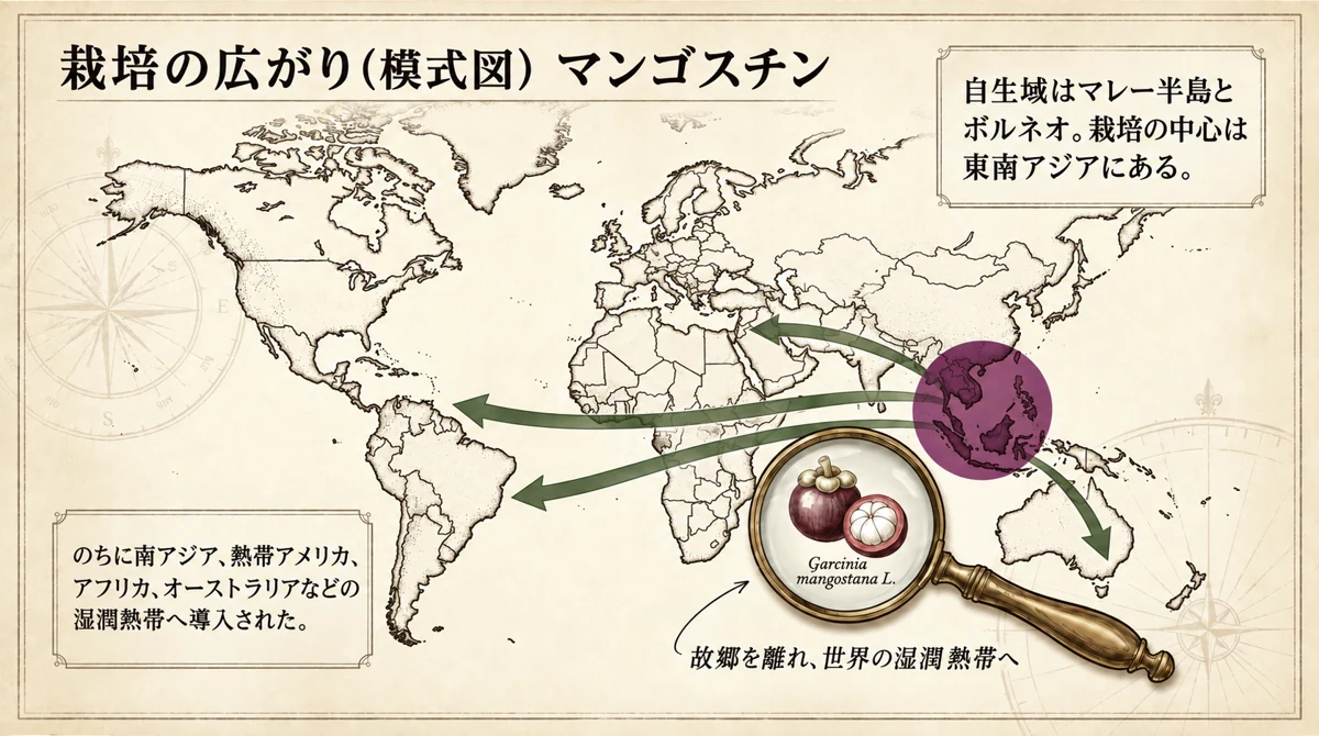 マンゴスチンがマレー半島とボルネオから世界の湿潤熱帯へ広がった地図