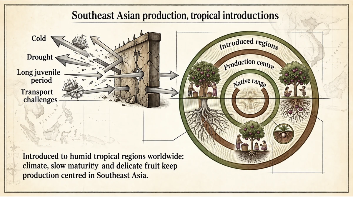 Cold, drought, a long juvenile period and transport difficulties influenced its distribution.