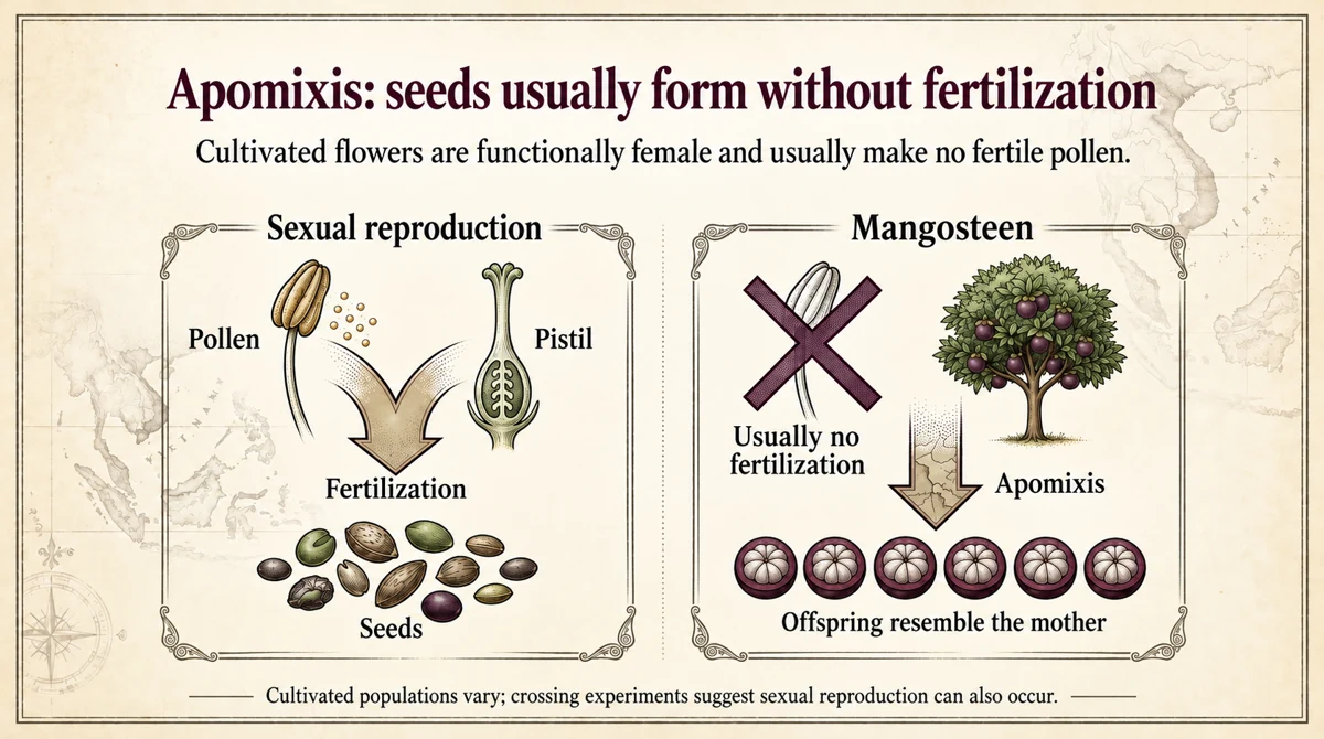 Cultivated mangosteen usually forms seeds without fertilization.