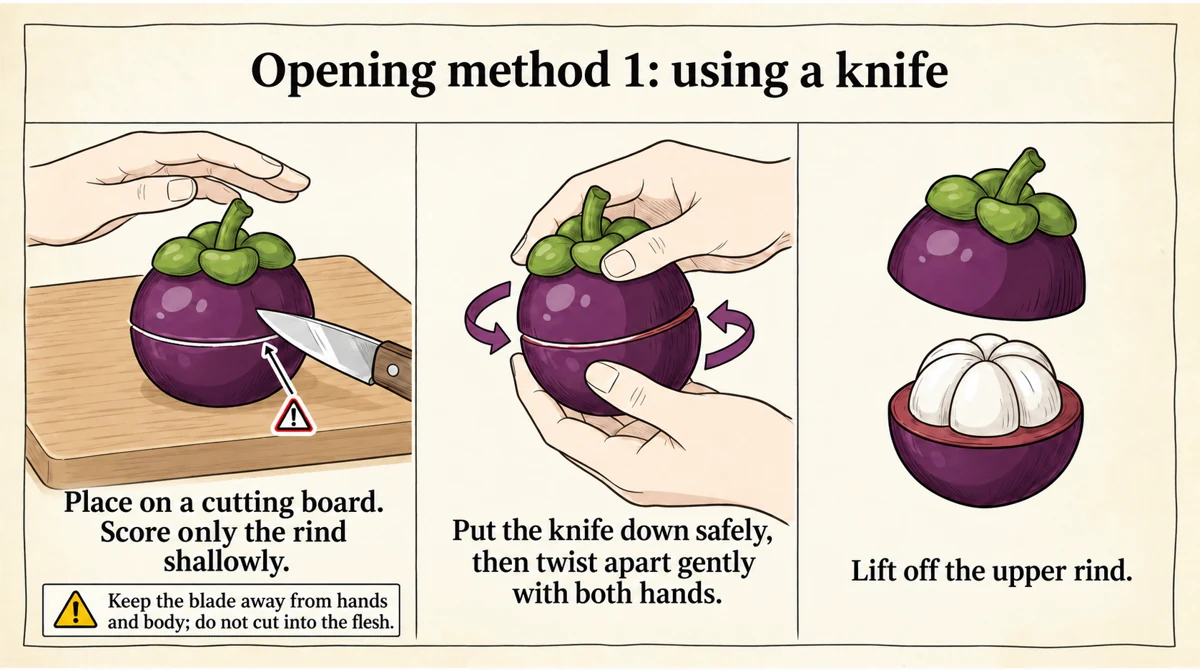 Put the knife down before twisting the fruit apart with both hands.