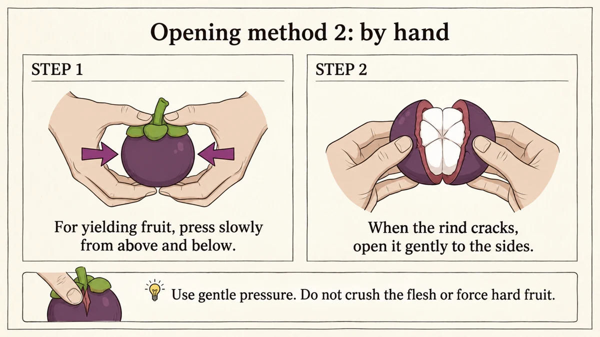 Yielding fruit can be opened by hand. Avoid squeezing hard enough to crush the flesh.