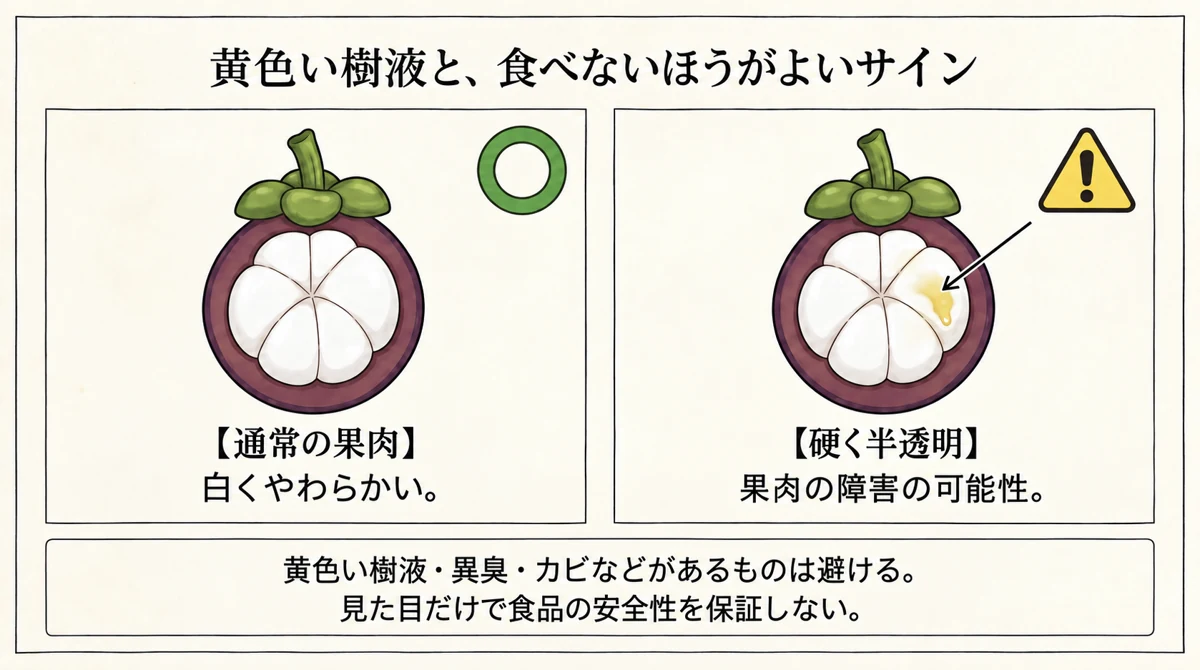 マンゴスチンの正常な白い果肉と苦味のある黄色い樹液、食べないサイン
