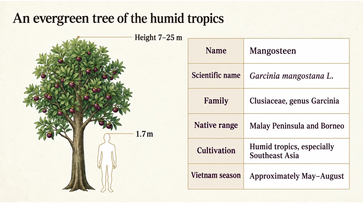 Mangosteen is an evergreen member of Clusiaceae that grows in the humid tropics.