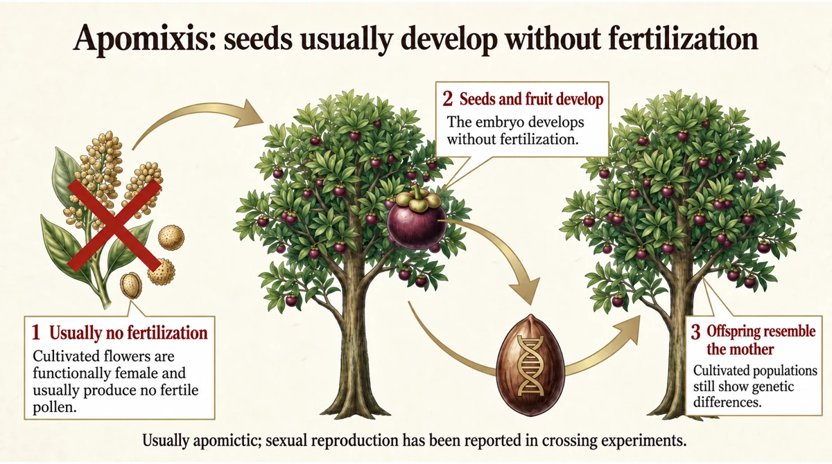 Offspring resemble the mother tree, but cultivated populations also show genetic variation.
