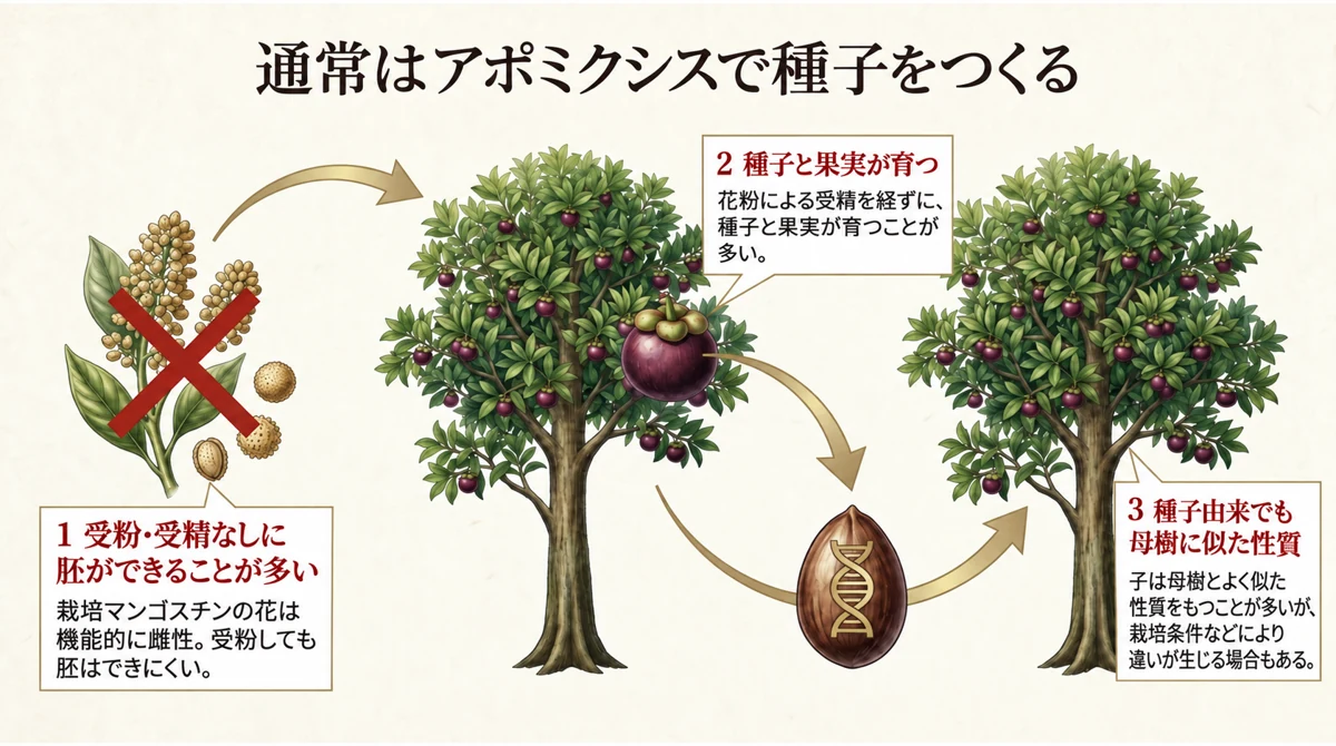 マンゴスチンが通常は受精なしで種子をつくるアポミクシスの仕組み