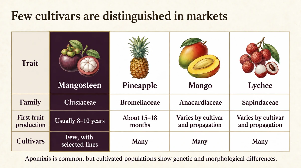 Few mangosteen cultivars are commonly distinguished in markets.