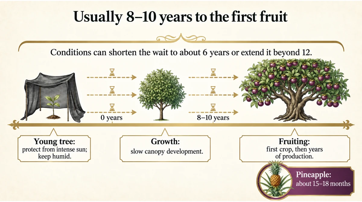 The time to first fruit varies considerably with growing conditions.