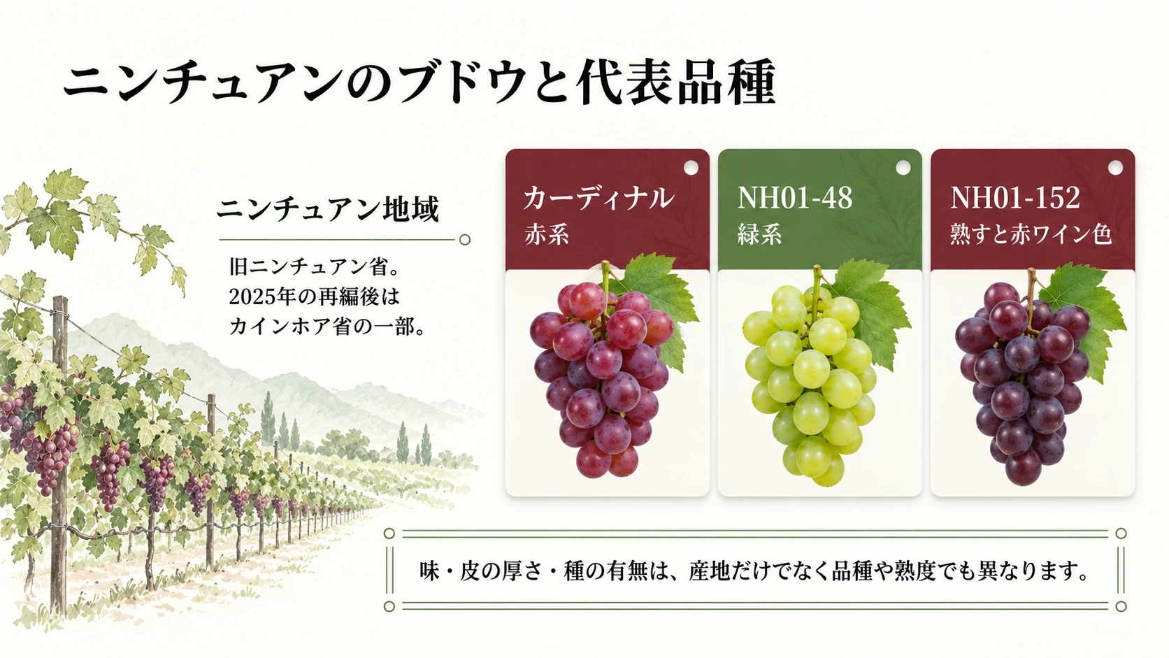 ニンチュアンとカーディナル、NH01-48、NH01-152の特徴を示す図