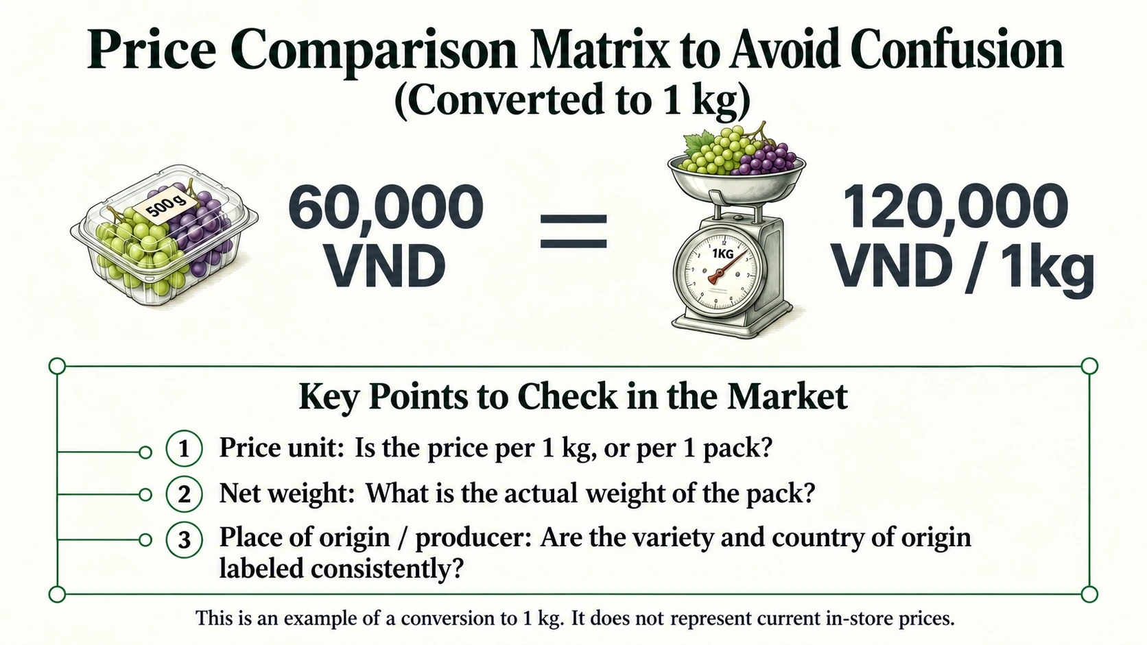 Price conversion from a 500 g pack at VND 60000 to VND 120000 per kilogram