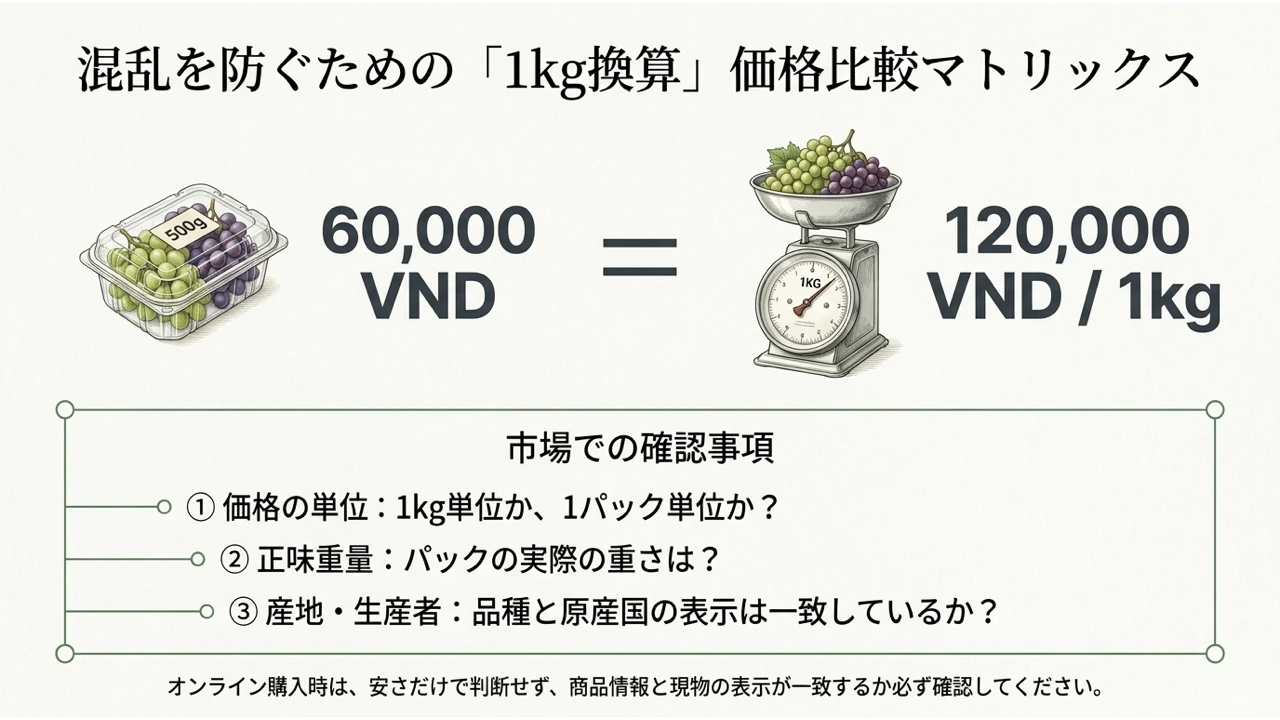 500gパック60,000ドンは1kgあたり120,000ドンという換算例と、市場での確認事項3点を示した図