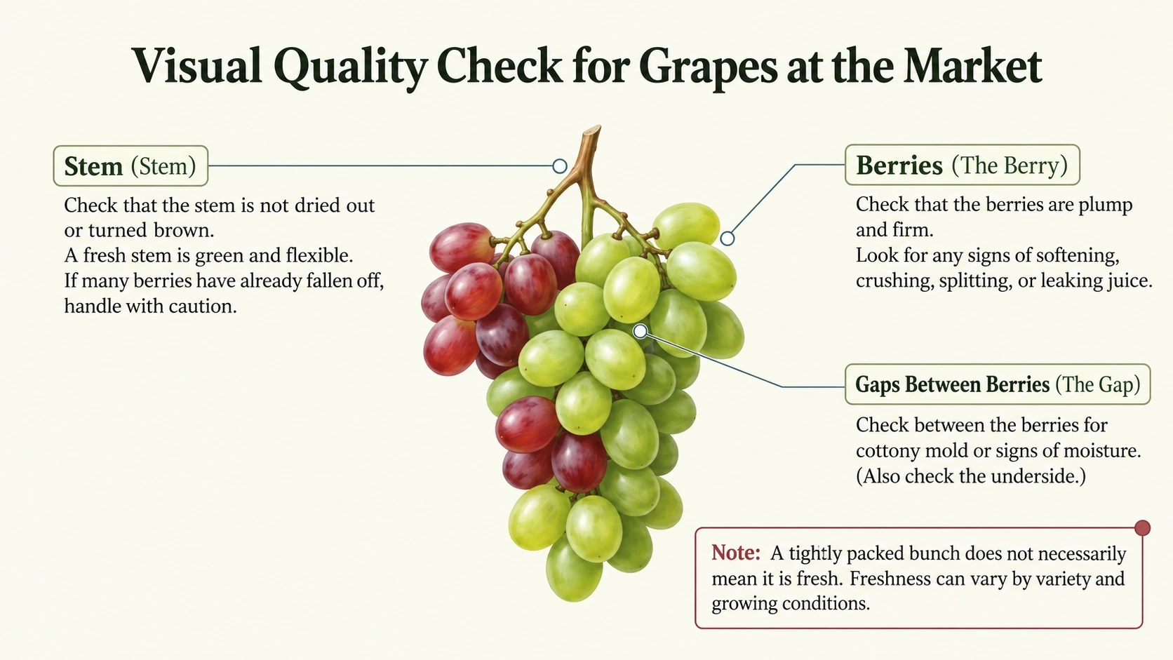Grape inspection points: stems, berry condition and spaces between berries
