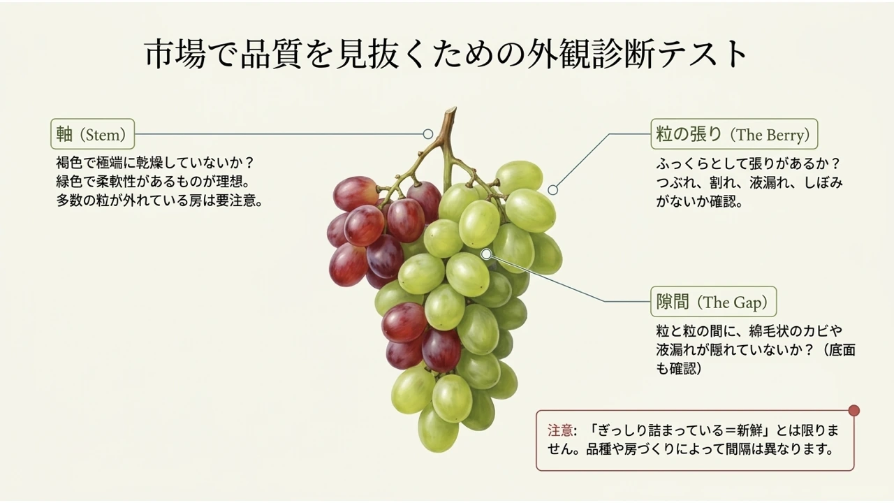 ブドウの房の軸・粒の張り・粒の隙間を確認する外観診断のポイントを示した図