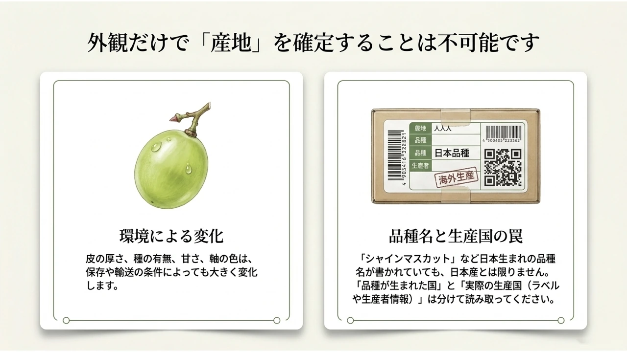 外観だけでは産地を判断できないことと、品種名・生産国の違いを示す図