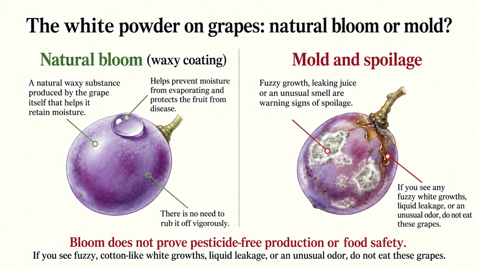 Natural grape bloom compared with fuzzy mold and spoilage