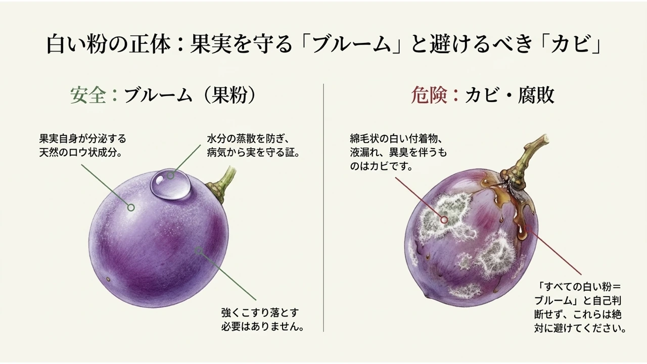 天然のロウ状成分ブルームと、綿毛状のカビ・液漏れ・異臭を比べたブドウの粒の図