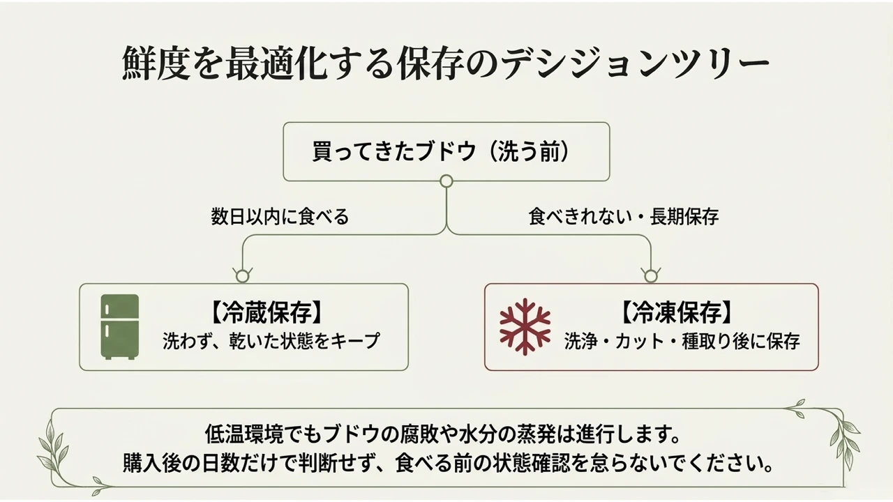買ってきたブドウを、数日以内に食べるなら冷蔵、食べきれないなら冷凍と分ける保存の判断図