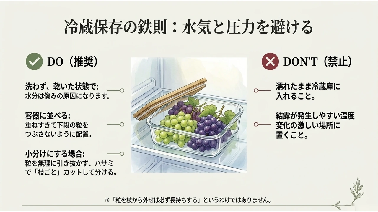 洗わず乾いた状態で容器に並べて冷蔵する推奨例と、濡れたまま入れる・結露しやすい場所に置く禁止例