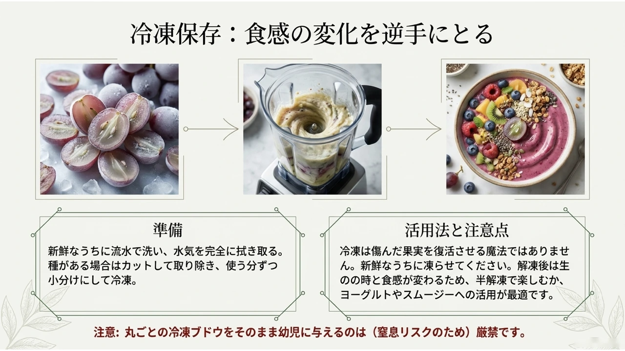 冷凍した半割りのブドウをミキサーにかけ、スムージーボウルに使う流れを示した図