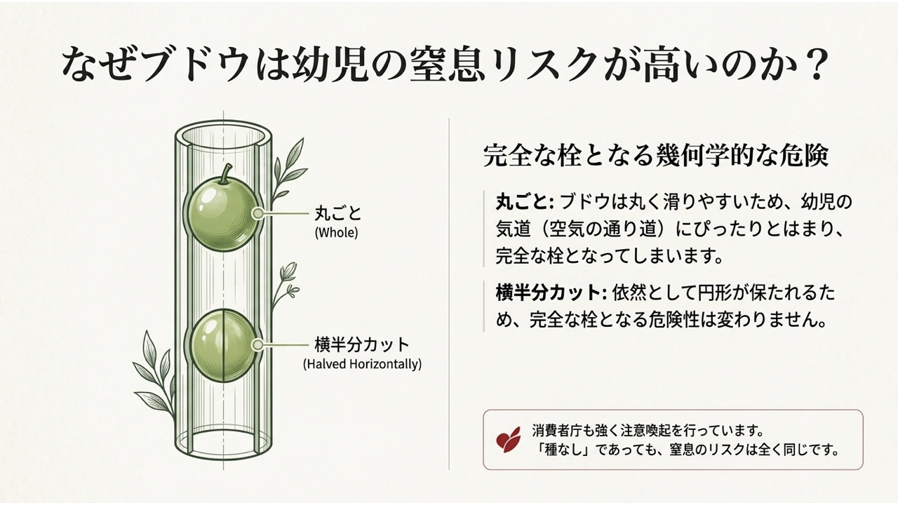 丸ごとと横半分に切ったブドウが幼児の気道にはまる様子を筒の断面で示した図