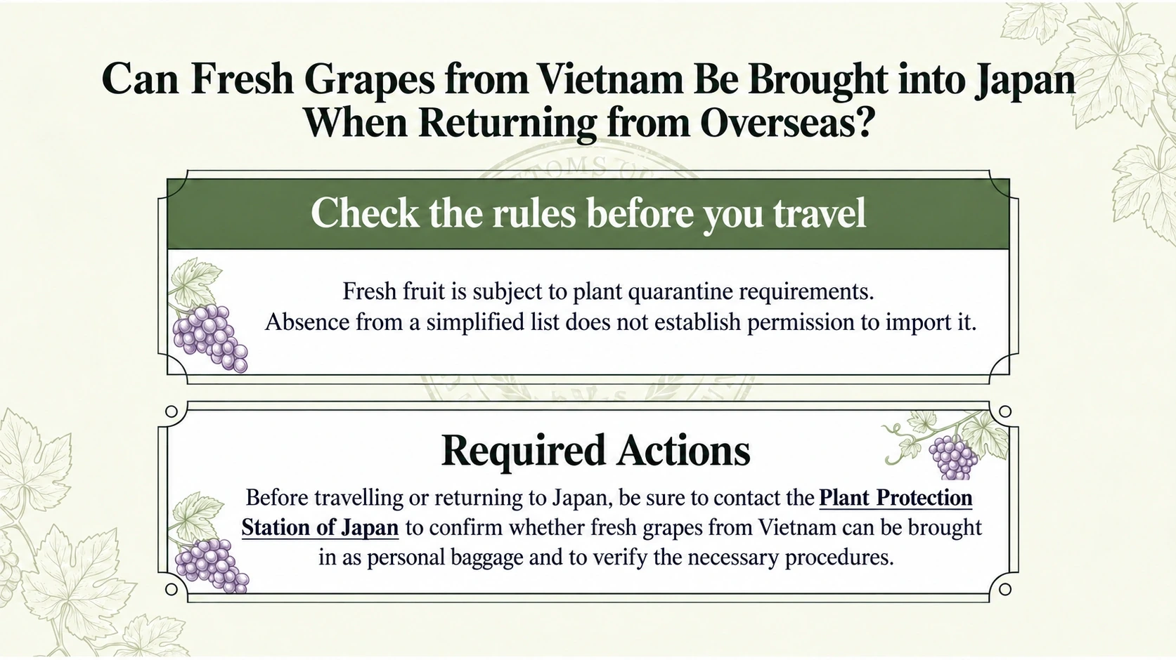 Checking plant quarantine rules before taking Vietnamese grapes to Japan