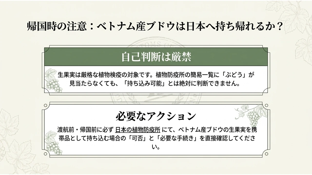 植物防疫所の簡易一覧に「ぶどう」がなくても持ち込み可能とは判断できないこと、渡航前に植物防疫所で確認することを示した図
