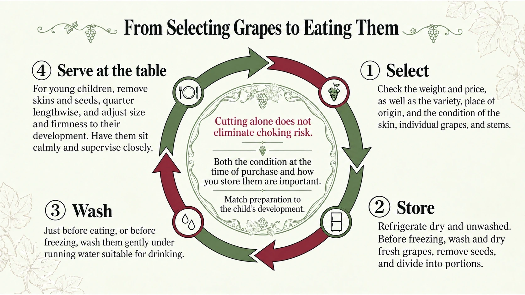Four stages of grape handling: choose, store, wash and serve