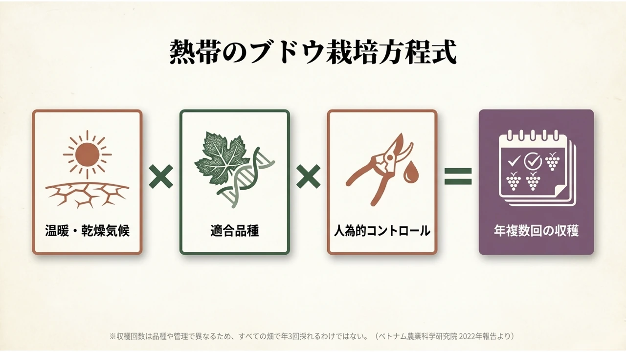 温暖・乾燥気候×適合品種×人為的コントロール=年複数回の収穫、という熱帯のブドウ栽培の要素を示した図