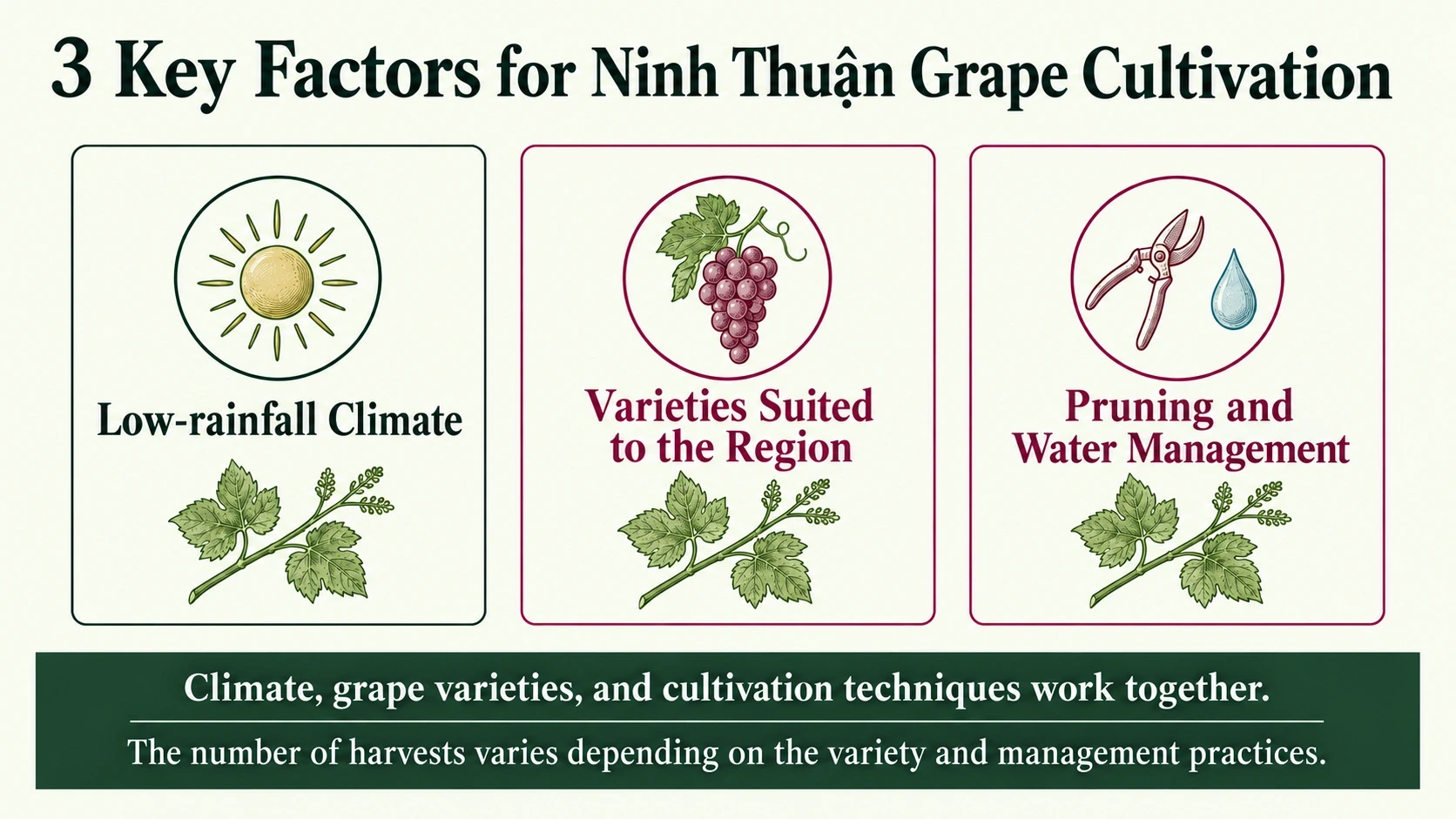 Three cultivation factors: relatively dry climate, adapted varieties, pruning and water management