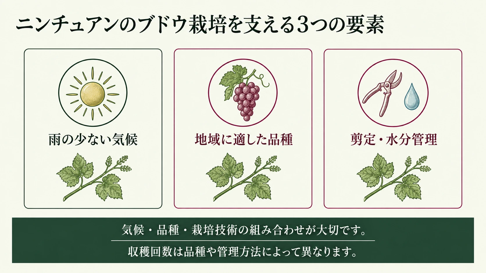雨の少ない気候、地域に適した品種、剪定と水分管理を示す図